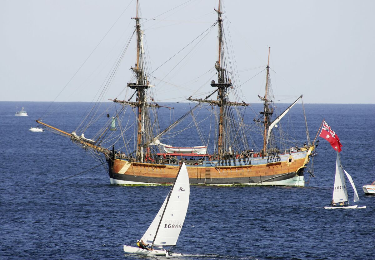 FILE - A replica of the ship the Endeavour is at anchor in Botany Bay, Sydney, April 17, 2005. Experts say on Thursday, Feb. 3, 2022, they had identified what's left of British explorer James Cook's ship Endeavour in Newport Harbor, Rhode Island. (AP Photo/Mark Baker, File)