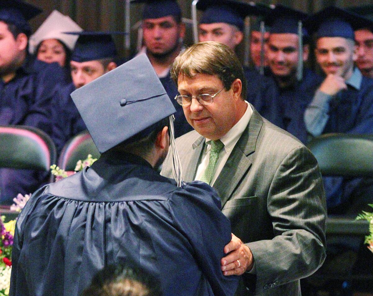 GUSD Superintendent Dr. Richard Sheehan took time to address each graduating senior when he shook their hands at the graduation ceremony for Allan F. Daily High School, Re-ConnectED Glendale, and Verdugo Academy at First United Methodist Church in Glendale on Wednesday, June 3, 2015.