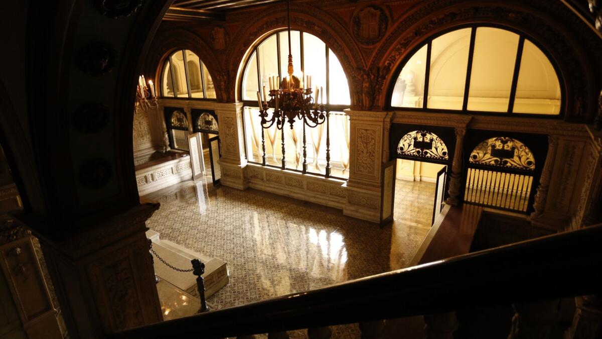 Marble columns and stair balustrade in the ornate lobby of the Herald Examiner building, designed by Julia Morgan, who later designed Hearst Castle.