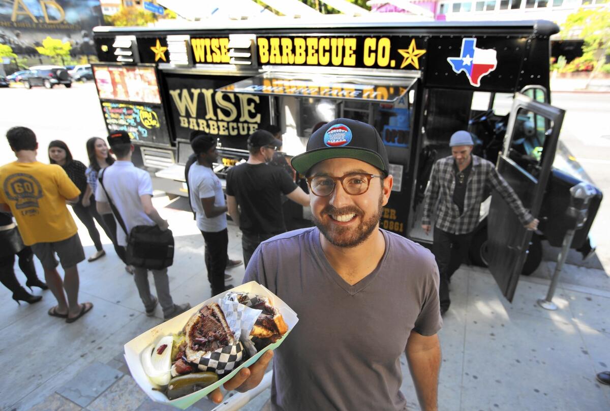 Roaming Hunger acts as a clearinghouse of sorts for the food truck industry, connecting customers across the country with a directory of more than 6,000 mobile vendors. Above, founder Ross Resnick, 30, holding a barbecue brisket sandwich from the Wise Barbecue food truck, one of the company's primary vendors.