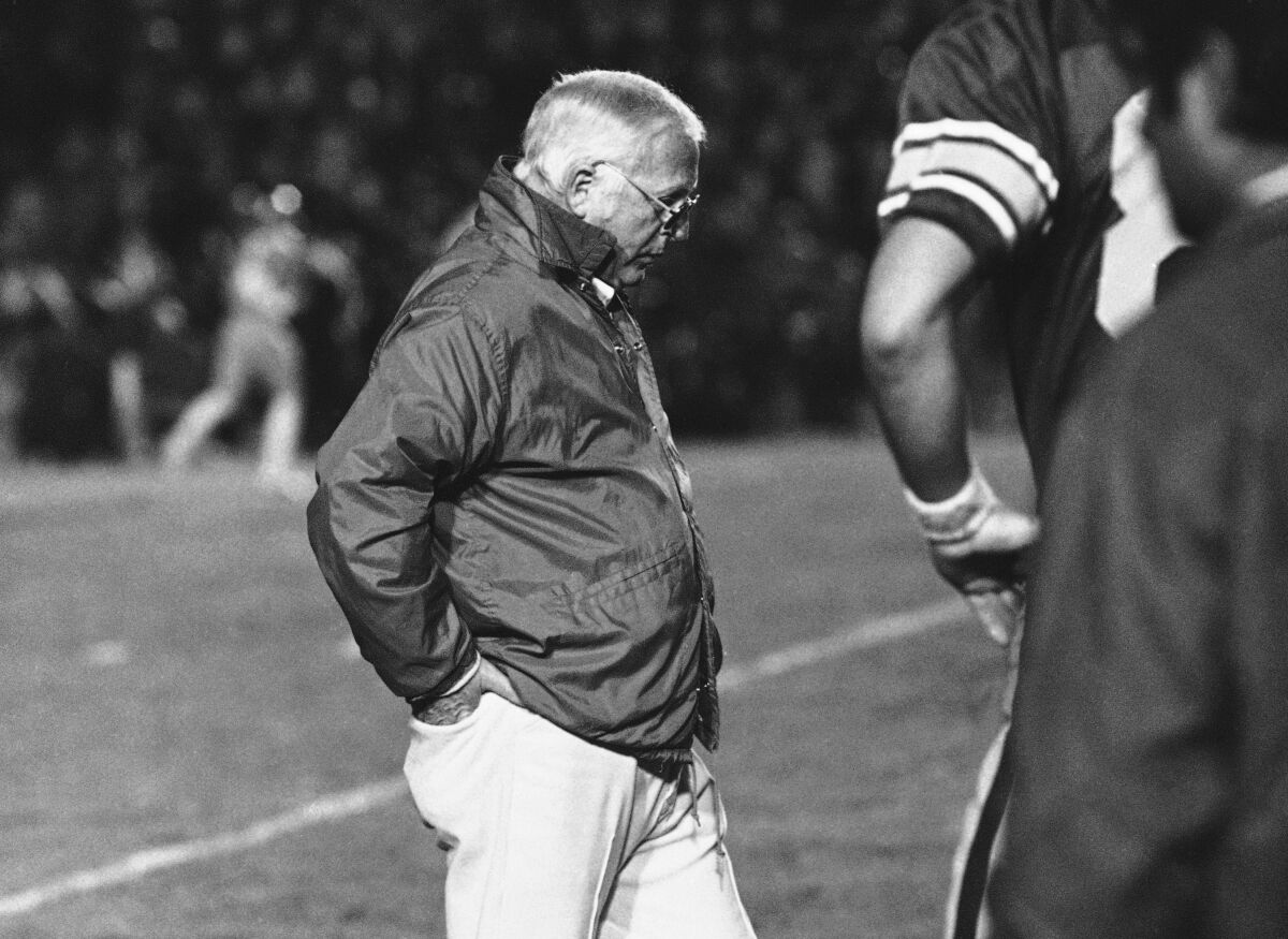 USC coach John Mckay paces the sidelines in 1975.