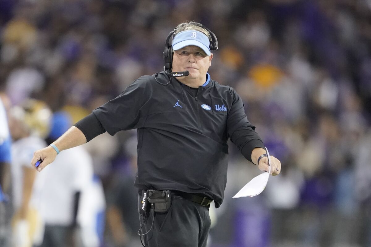 UCLA coach Chip Kelly reacts during a game against Washington