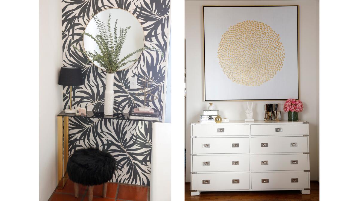 A small, unused space at the top of the stairs is made attractive with temporary wallpaper and slender console. The chest of drawers, right, in the master bedroom sits beneath a framed graphic.