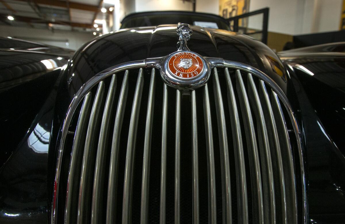 The front grill of a 1959 Jaguar XK150 at Crevier Classic Cars in Costa Mesa.