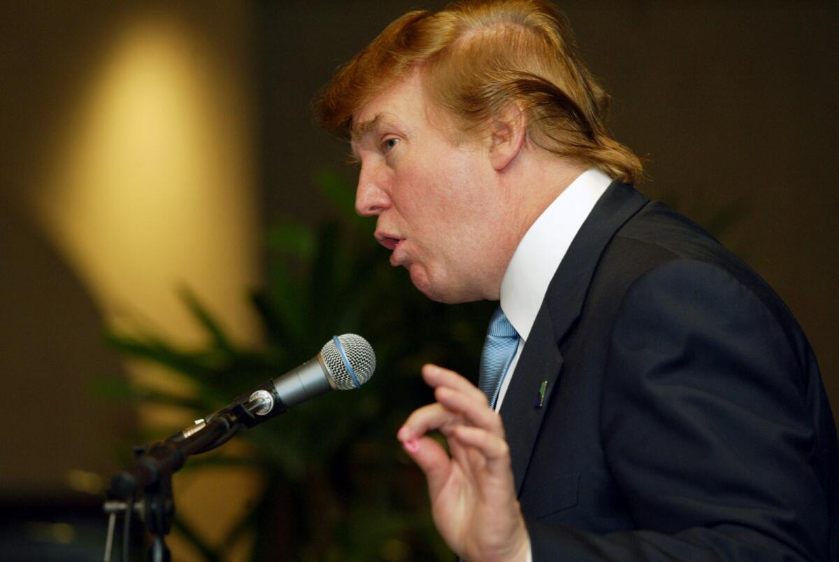 Donald Trump discusses the improvements and additions to the Ocean Trails Golf Club to members of the Rancho Palos Verdes community on November 9, 2002.