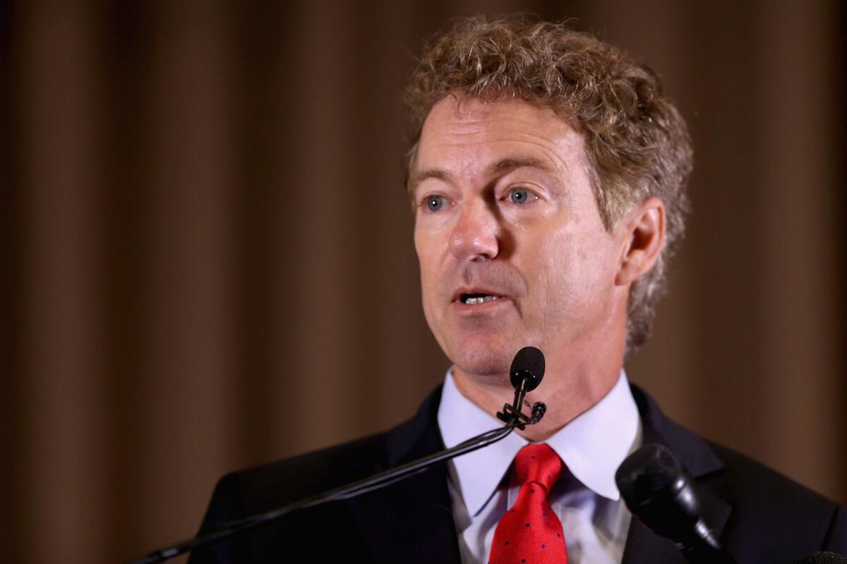 BALTIMORE, MD - JUNE 09: Republican presidential candidate Sen. Rand Paul (R-KY) addresses the Baltimore county Republican Party's annual Lincoln/Reagan Dinner at Martin's West June 9, 2015 in Baltimore, Maryland. Paul launched his campaign April 7 in Louisville, where he told supporters, "I have a message, a message that is loud and clear and does not mince words: We have come to take our country back." (Photo by Chip Somodevilla/Getty Images) ** OUTS - ELSENT, FPG - OUTS * NM, PH, VA if sourced by CT, LA or MoD **