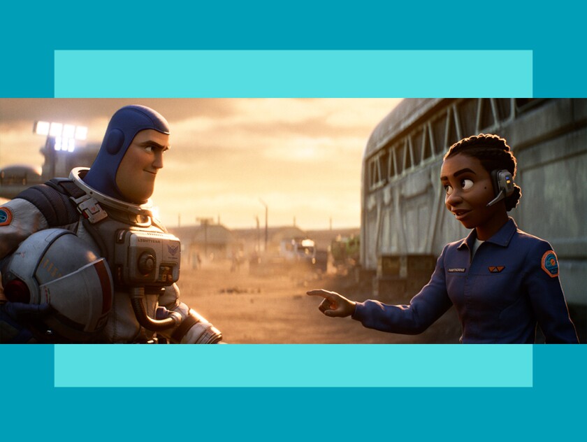 Characters Buzz Lightyear and Alisha Hawthorne talk in a scene from "Lightyear."