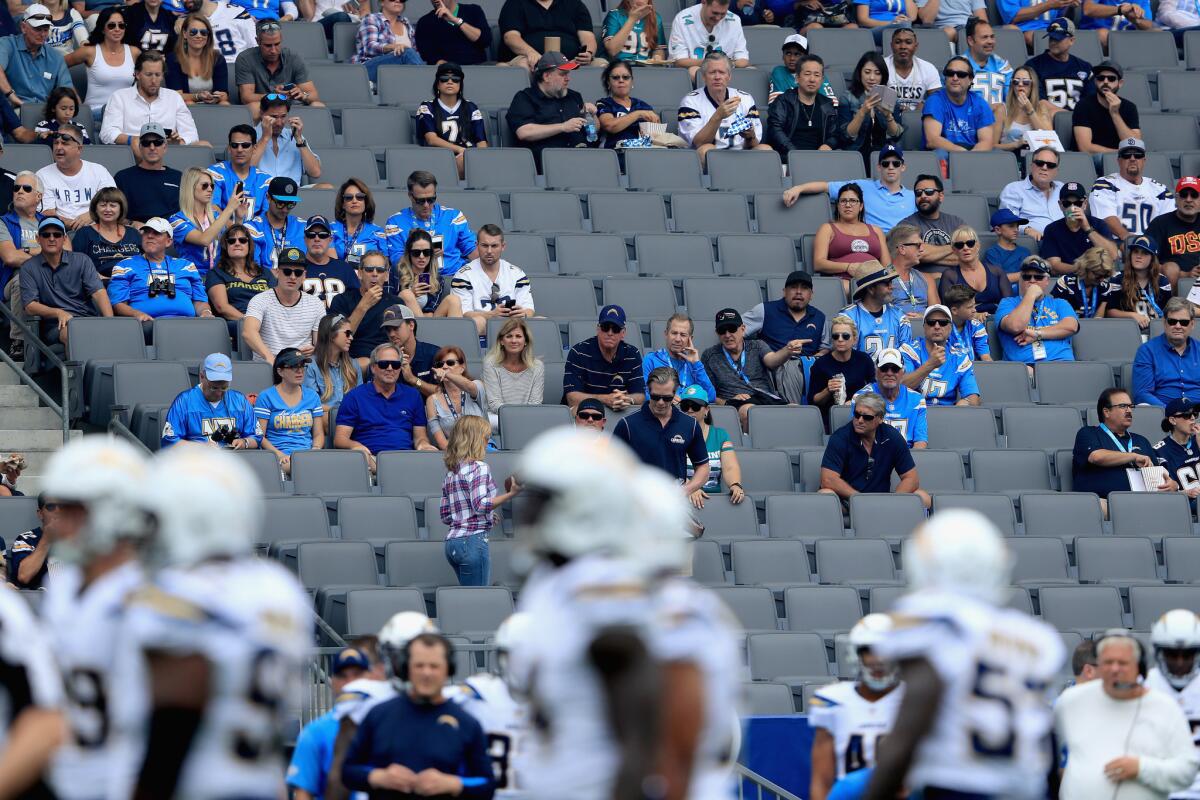 CARSON, CA - SEPTEMBER 17: A general view of empty seats during the first half of a game between the Los Angeles Chargers and the Miami Dolphins at StubHub Center on September 17, 2017 in Carson, California.