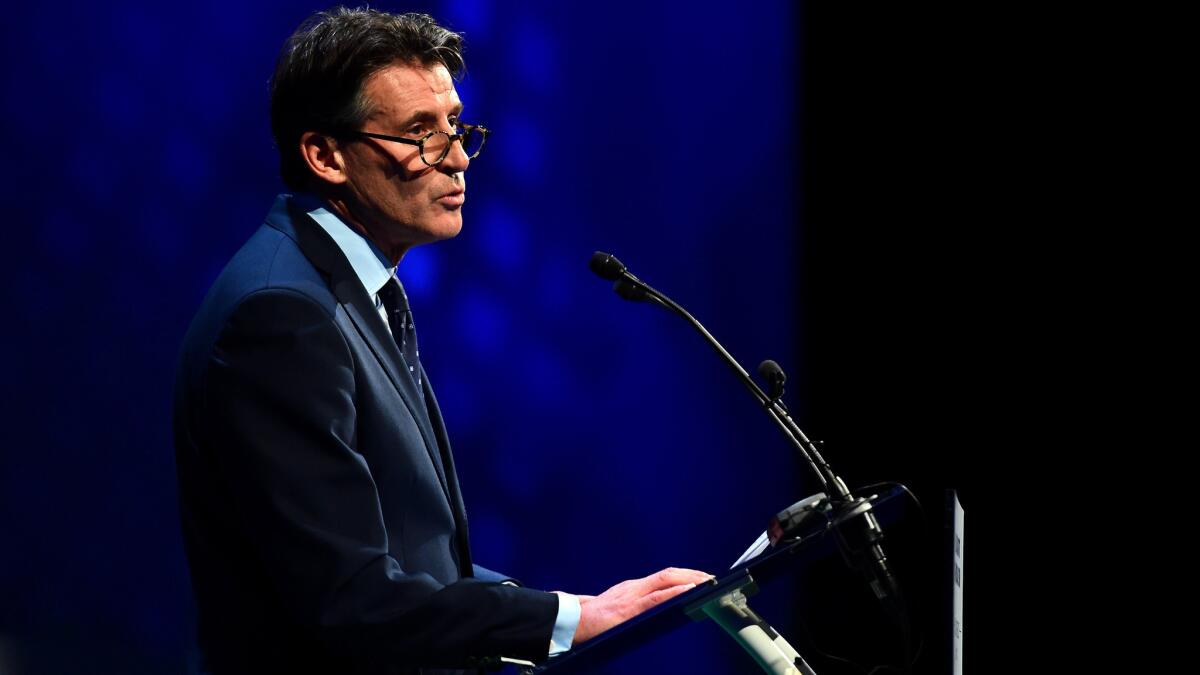 Sebastian Coe, president of the IAAF. delivers a speech during the ppening ceremony of the Peace & Sport International Forum on Wednesday in Monaco.