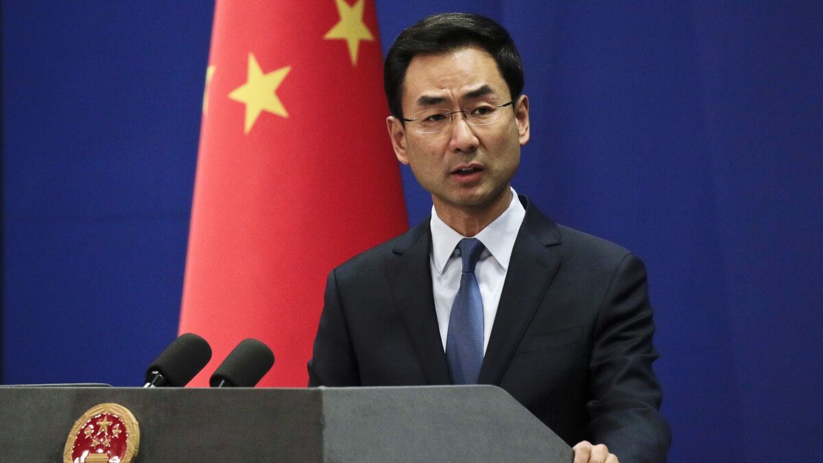Chinese Foreign Ministry spokesman Geng Shuang speaks during a daily briefing at the ministry in Beijing on Jan. 29, 2019.