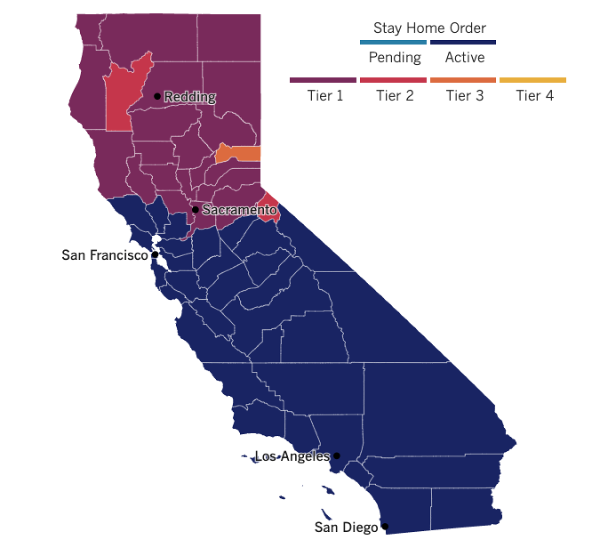 A map of California showing most of the state under stay-at-home order and Northern California counties mostly in Tier 1.