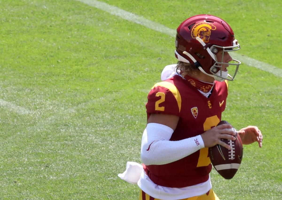 Jaxson Dart during USC's spring game at the Coliseum on April 17, 2021.