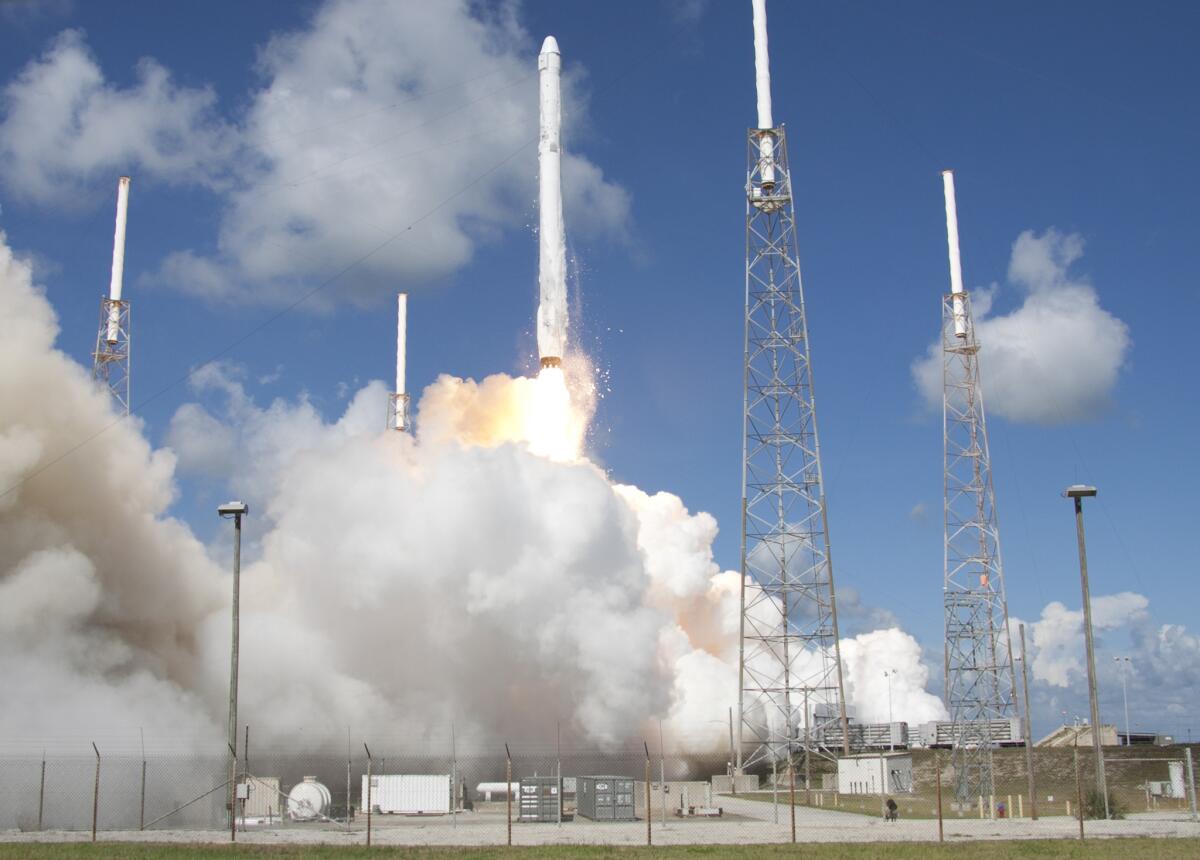 The SpaceX Falcon 9 rocket and Dragon spacecraft lift off from Space Launch Complex 40 at the Cape Canaveral Air Force Station in Cape Canaveral, Fla. The rocket carrying supplies to the International Space Station broke apart shortly after liftoff.