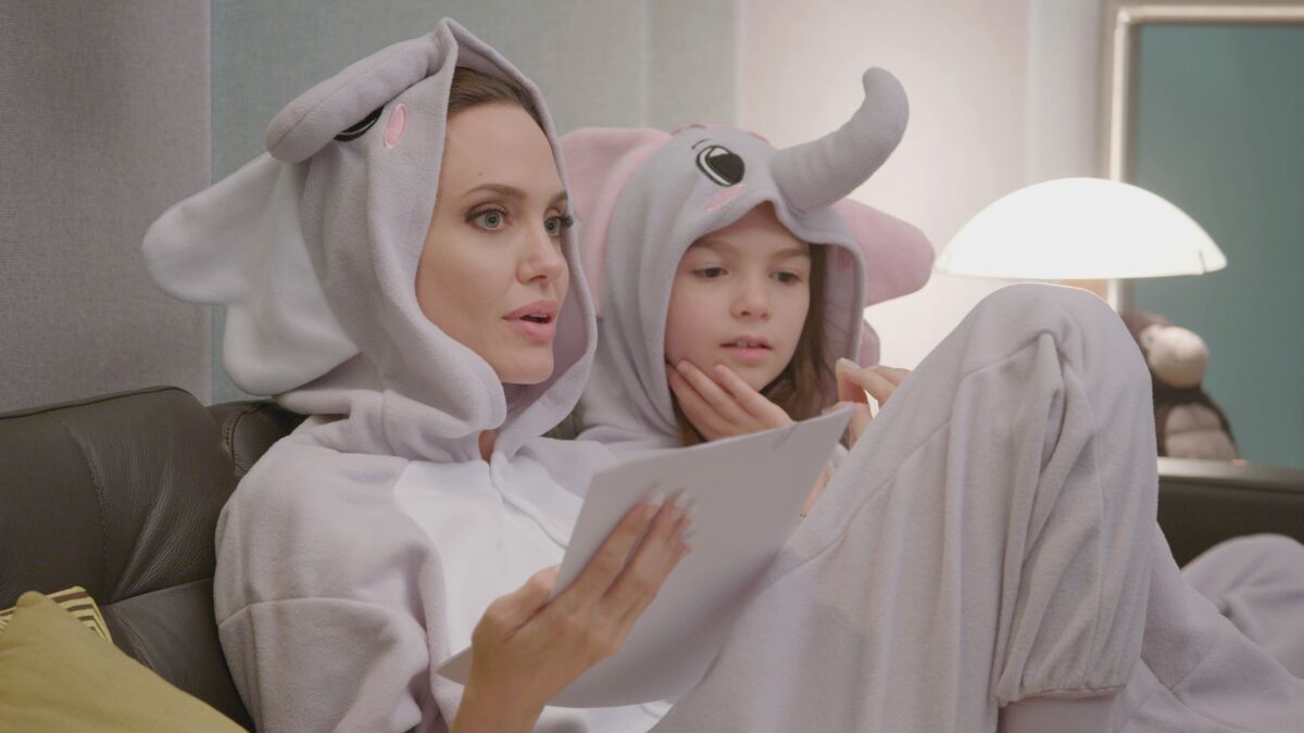 Angelina Jolie and Brooklynn Prince behind the scenes of Disney's "The One and Only Ivan."