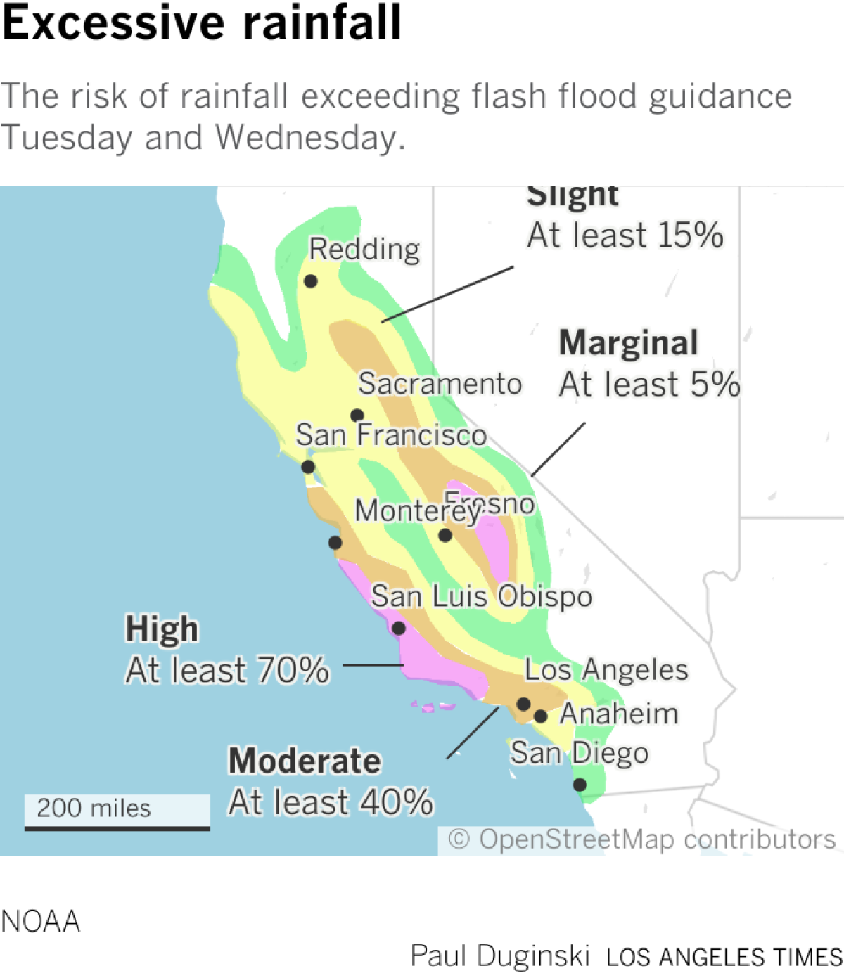 Areas of California at risk of exceeding flash flood guidance