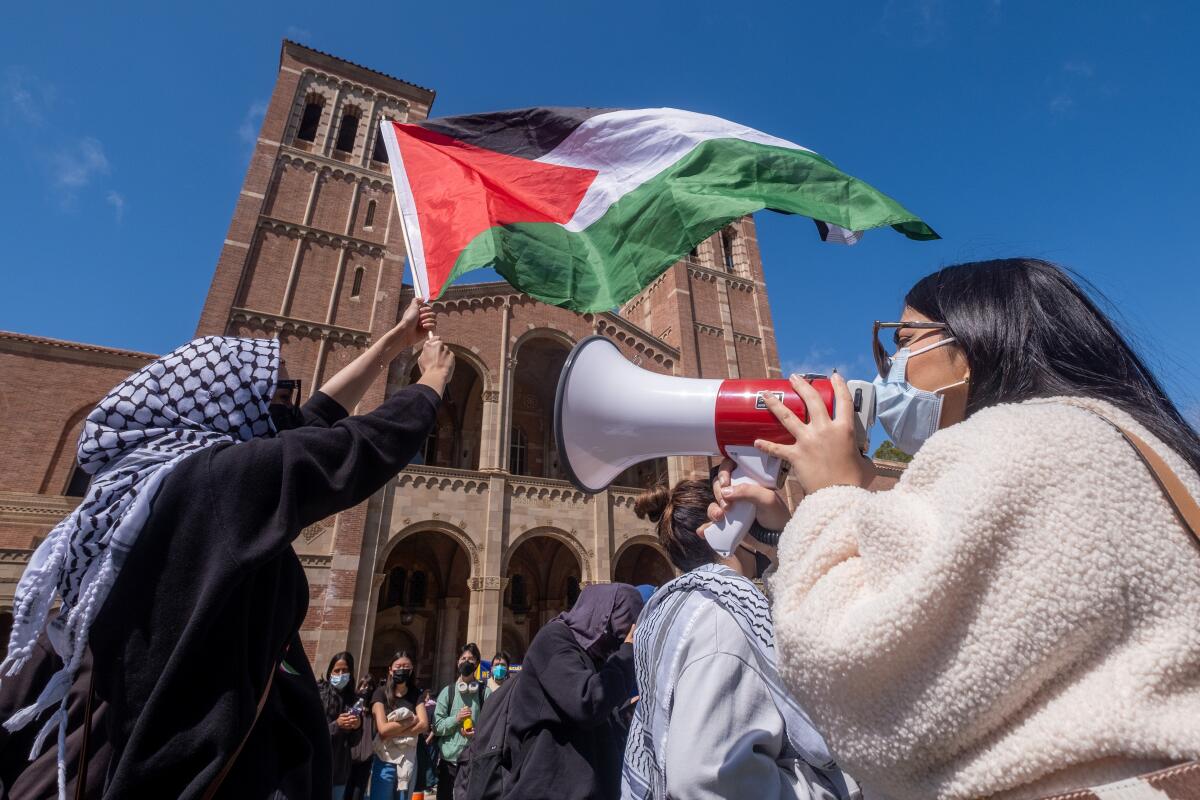 Protesters with a Palestinian flag and a bullhorn.