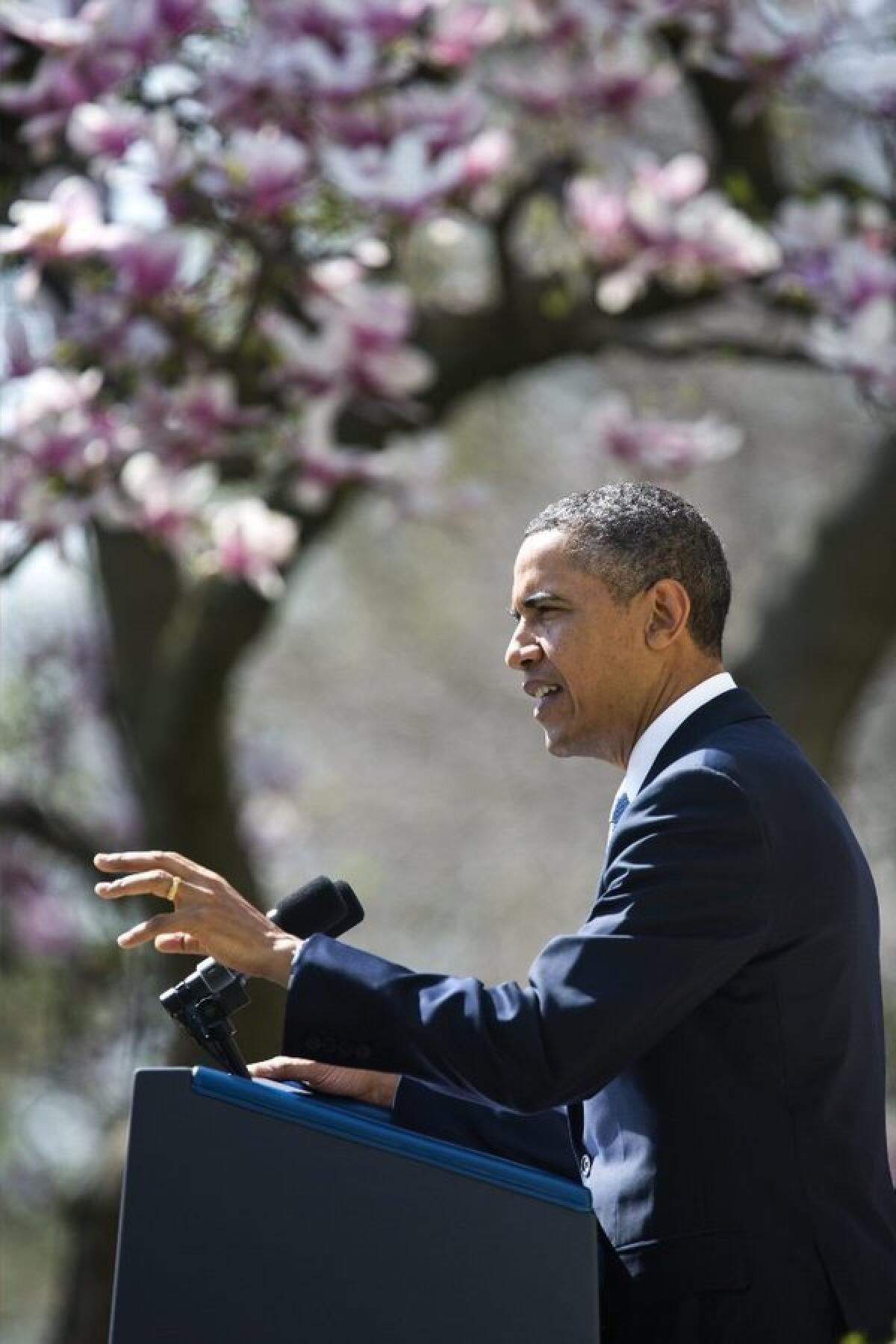 President Obama details his budget proposal in the White House Rose Garden in Washington, D.C.