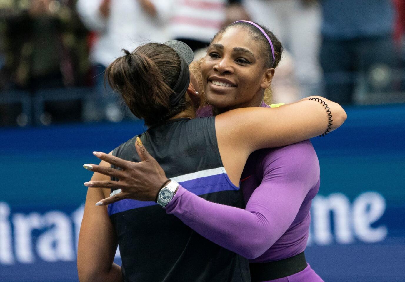 Bianca Andreescu, left, embraces Serena Williams after defeating her during the Women's Singles final match inside the Billie Jean King National Tennis Center on Sept. 7, 2019, in Queens.