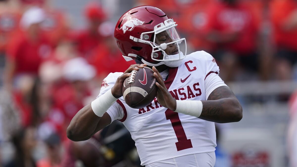 Arkansas quarterback KJ Jefferson warms up before a game against Georgia.