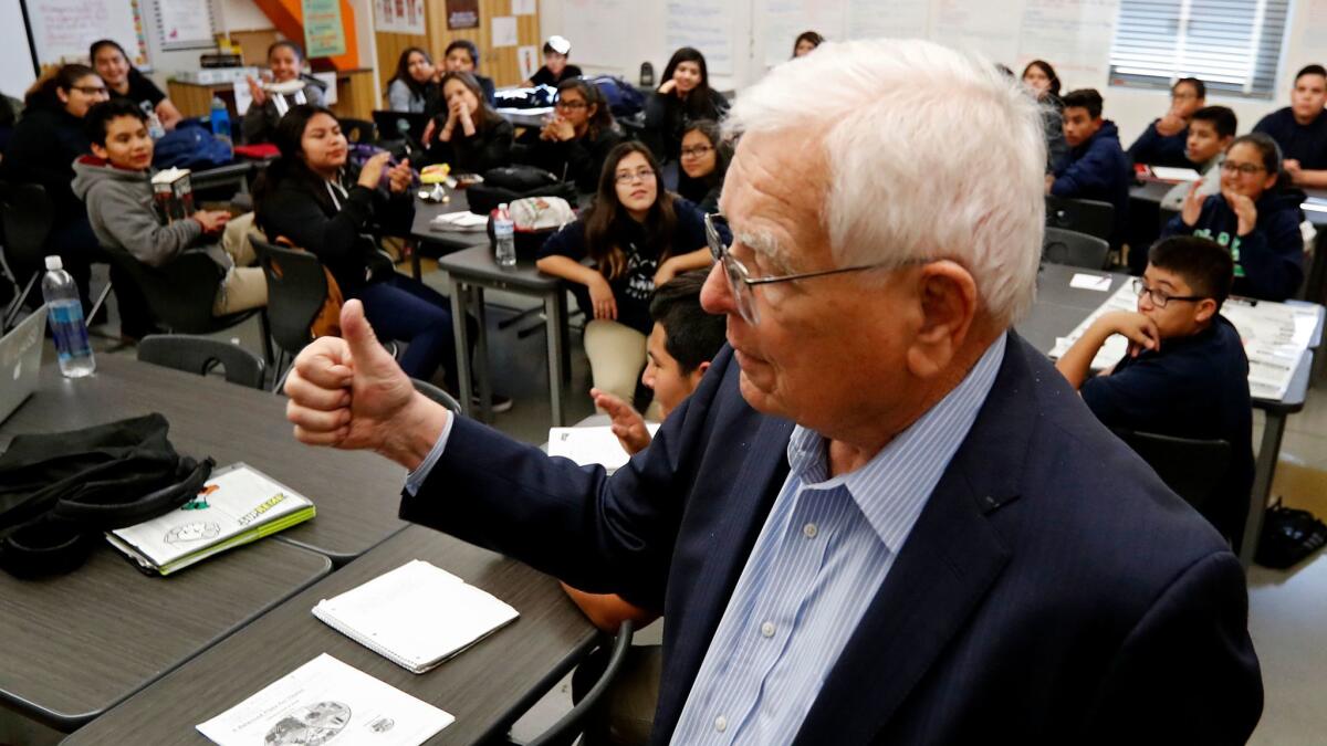 Former L.A. schools Supt. Roy Romer visits a class in December at the Maywood Center for Enriched Studies.