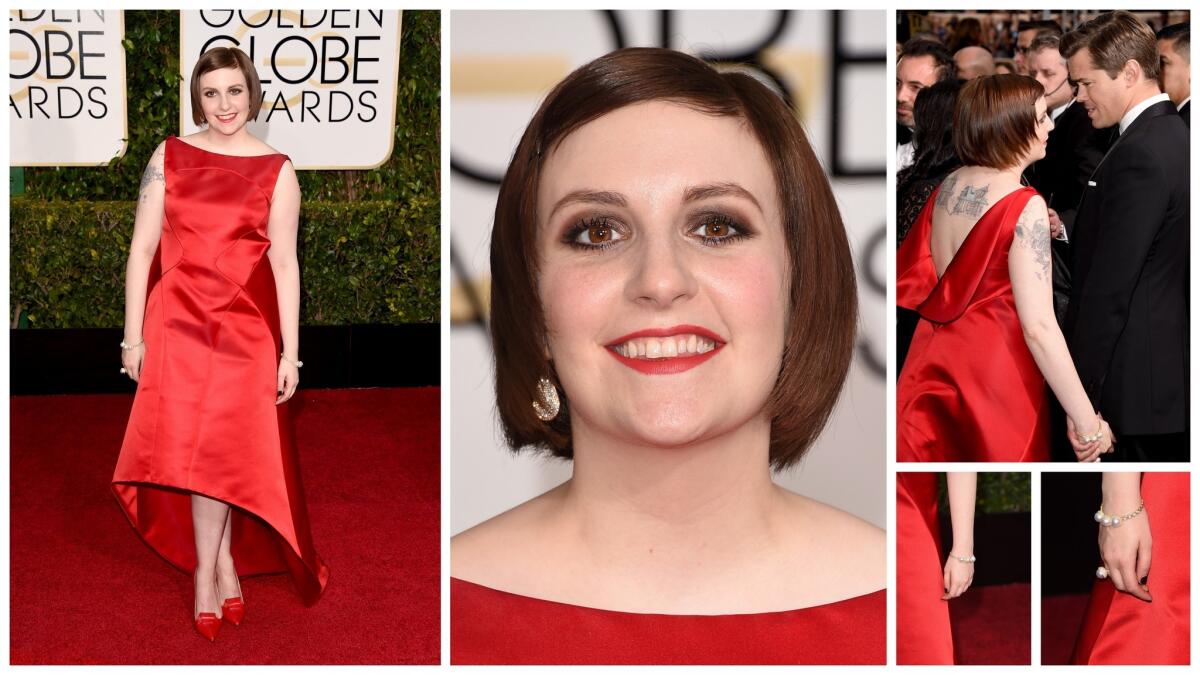 The "Girls" star wore this red Zac Posen dress to the 2015 Golden Globes.