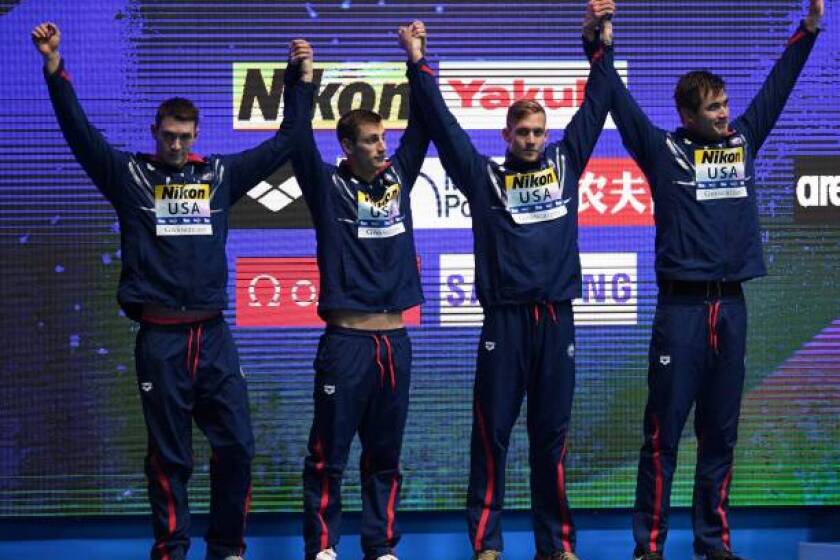 U.S. swimmers Ryan Murphy, Andrew Wilson, Caeleb Dressel and Nathan Adrian claimed the silver medal in the 400-meter medley relay at the world swimming championships Sunday in Gwangju, South Korea.