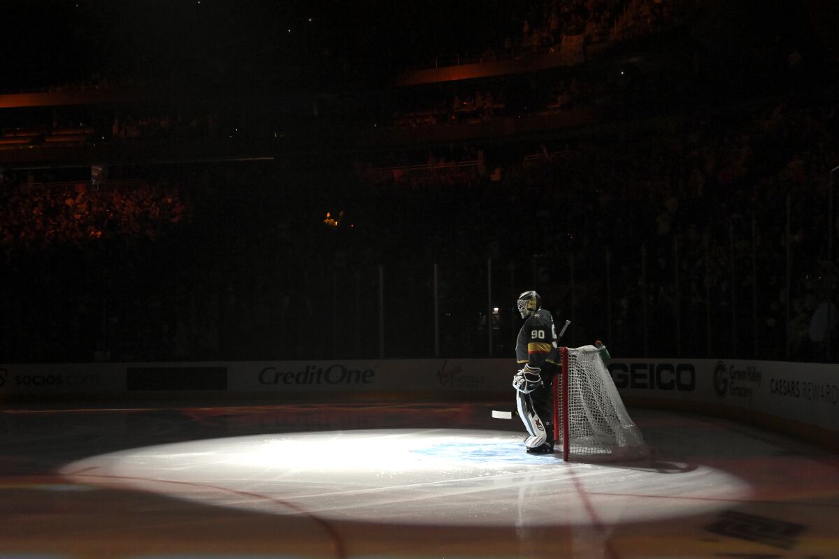 Vegas Golden Knights goaltender Robin Lehner is introduced before the team's NHL hockey game against the Vancouver Canucks on Saturday, Nov. 13, 2021, in Las Vegas. (AP Photo/David Becker)