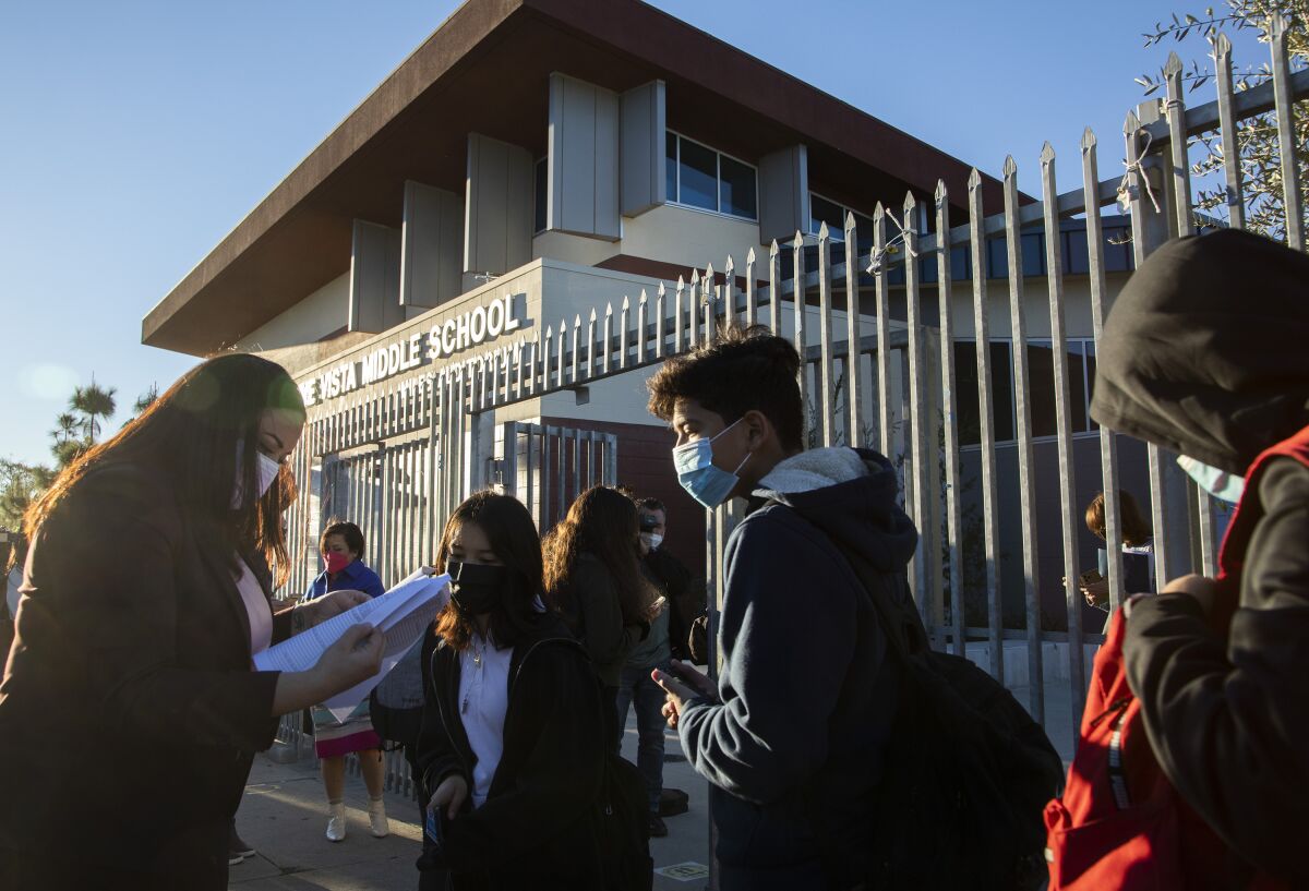  Students return to Olive Vista Middle School on Tuesday, Jan. 11, 2022 in Sylmar, CA.