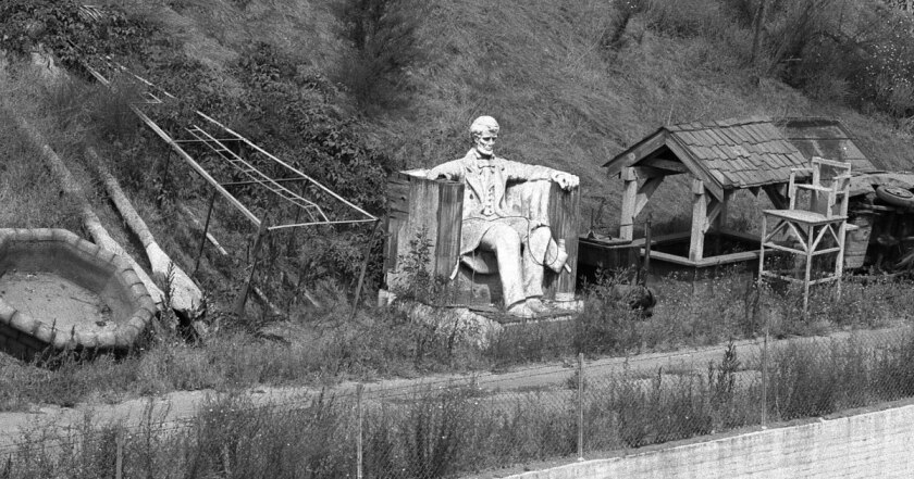 July 1956: A replica of the Lincoln Memorial overlooks the L.A. River in Studio City.