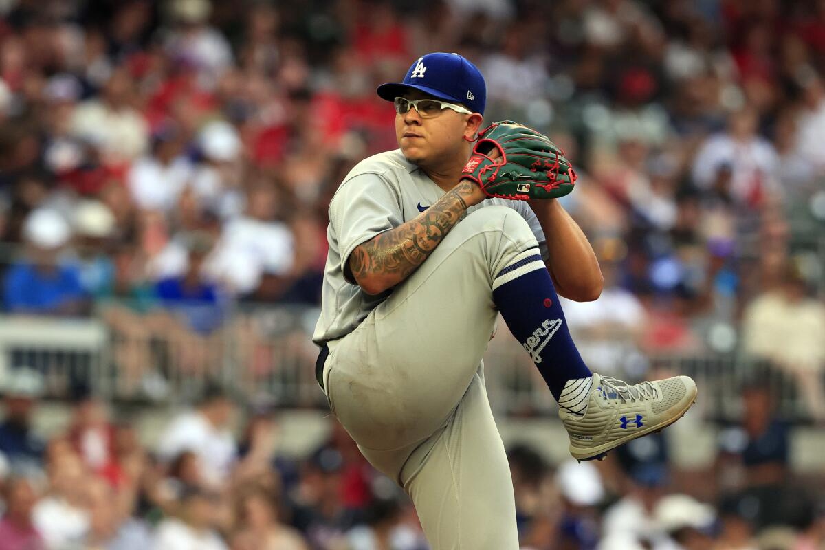 Julio Urias pitches against the Atlanta Braves on June 24.