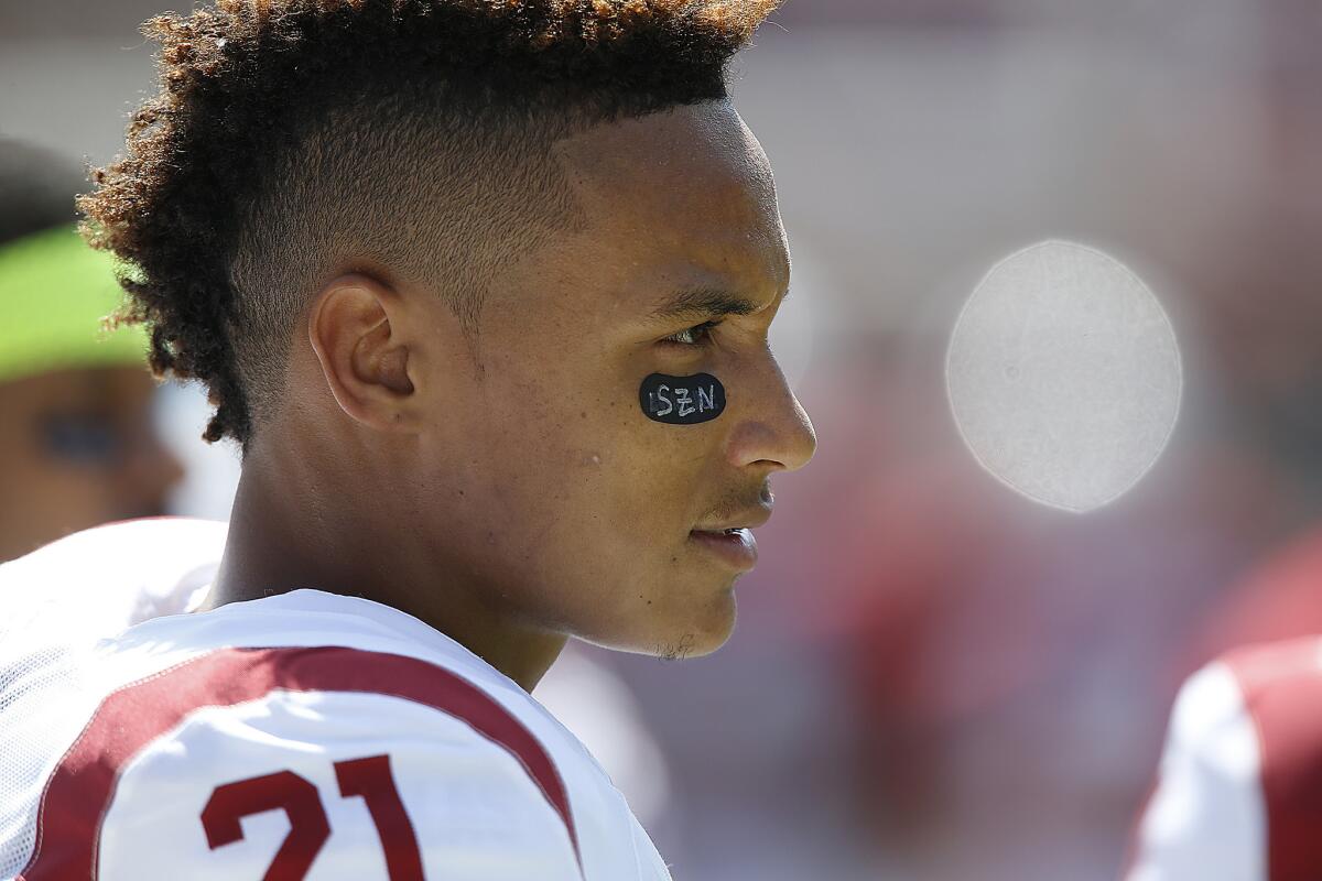 USC's Su'a Cravens waits for the start of a game against the Stanford Cardinal at Stanford Stadium on Sept. 6, 2014.
