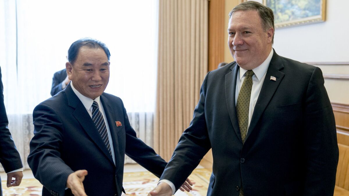 Secretary of State Michael R. Pompeo and Kim Yong Chol, a former North Korean intelligence chief, arrive for lunch at the Park Hwa Guest House in Pyongyang.
