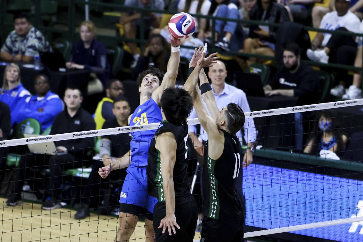 Hawaii's Dimitrios Mouchlias (11) and Eleu Choy (5) attempt to block UCLA's Ethan Champlin on May 6, 2023.