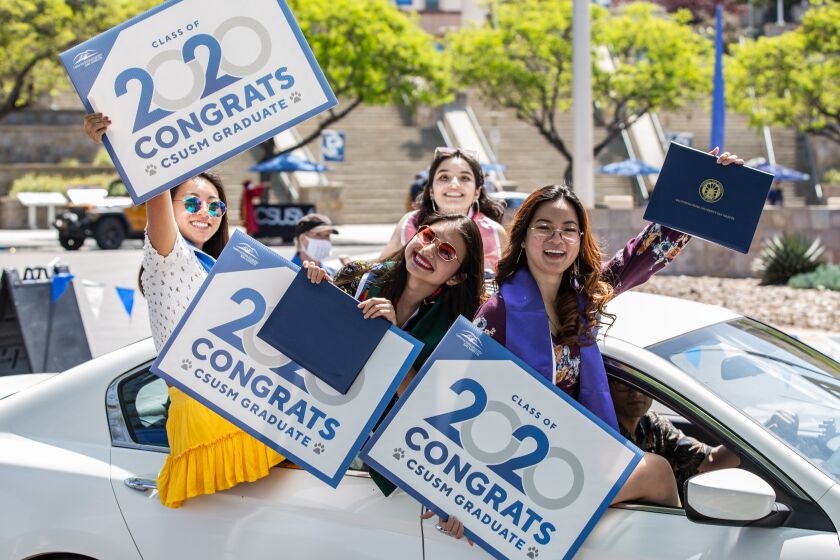 The staff and faculty of Cal State San Marcos celebrated the Class of 2020 with a parade on Friday, May 15, 2020 in San Marcos, California. Graduates and their families remained in their cars and received their diploma covers. Due to COVID-19 the graduation commencement has been postponed indefinitely.
