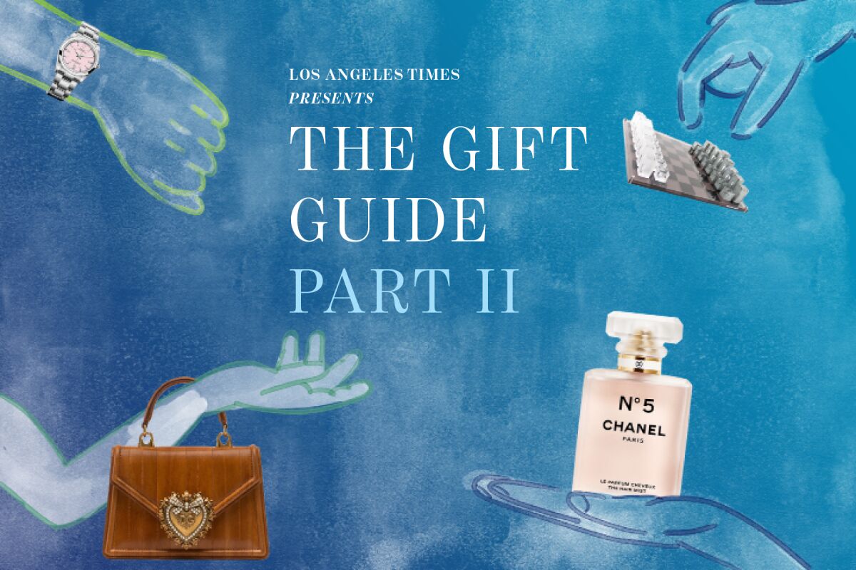 A photo illustration featuring Rolex, Jonathan Adler, Chanel No. 5 and Dolce & Gabbana.