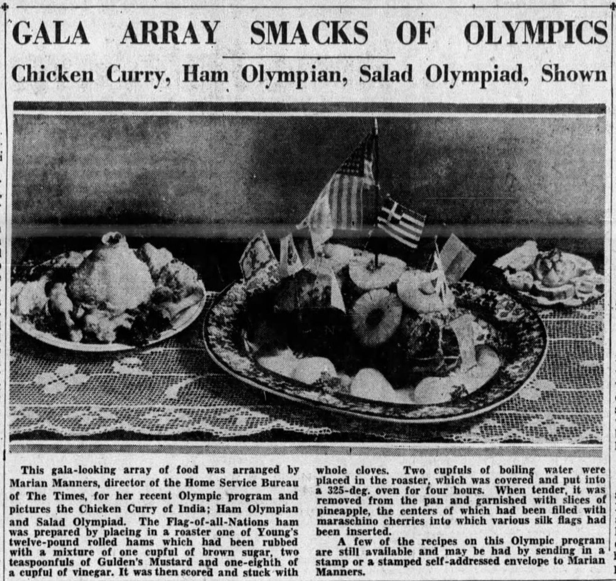 August 1932 newspaper clipping: Gala Array Smacks of Olympics