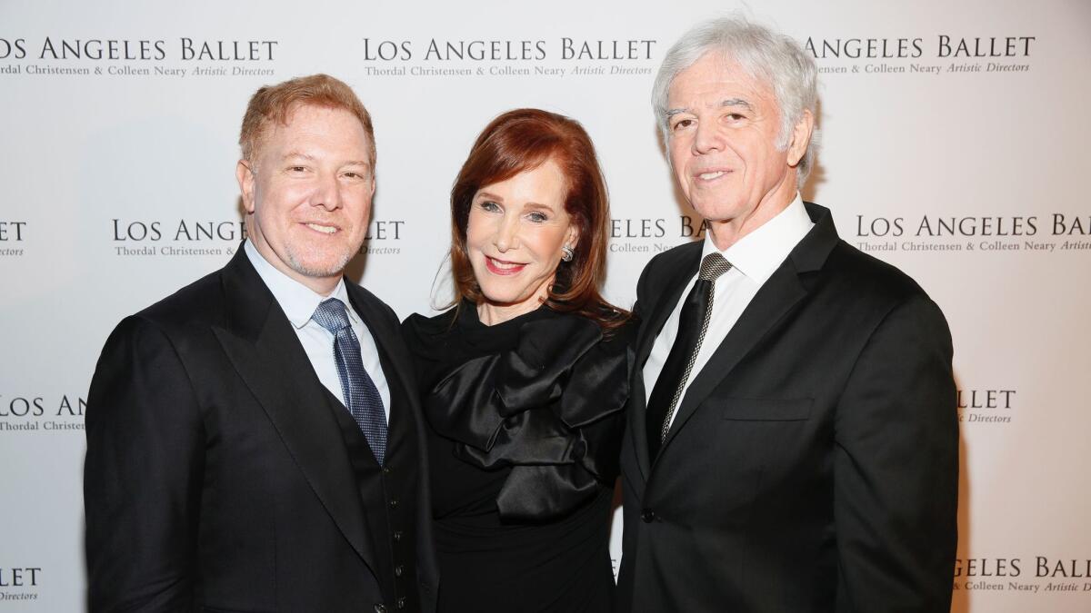 From left, Ryan Kavanaugh and event co-chair Leslie Kavanaugh and Jack Kavanaugh arrive for the Los Angeles Ballet Gala.