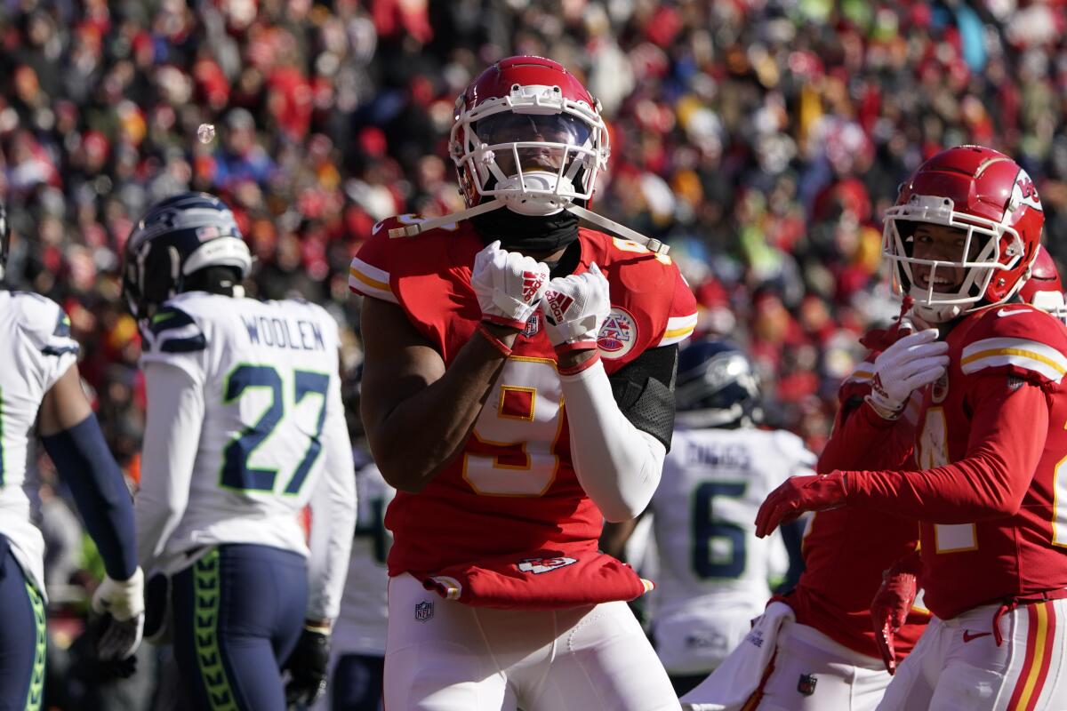 Kansas City Chiefs wide receiver JuJu Smith-Schuster celebrates against the Seattle Seahawks.