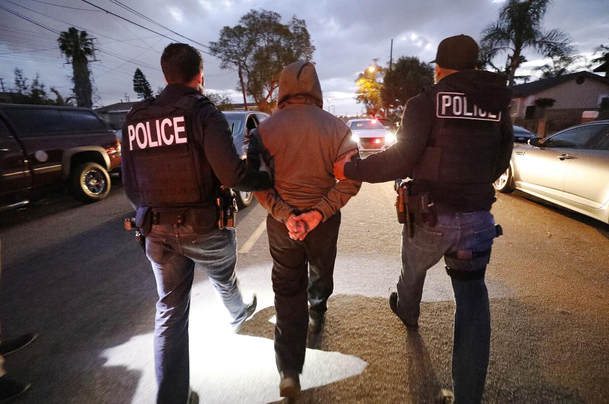 U.S. Immigration and Customs Enforcement agents take a person into custody.