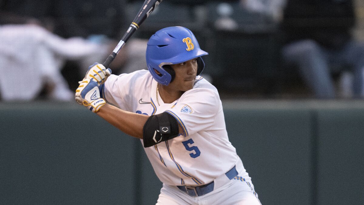 UCLA's Daylen Reyes stands in the batter's box ready to hit against UC Santa Barbara.