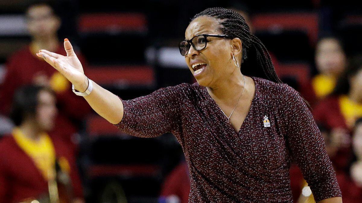 Cynthia Cooper-Dyke directs her USC team against California in the Pac-12 tournament in Seattle on March 2.