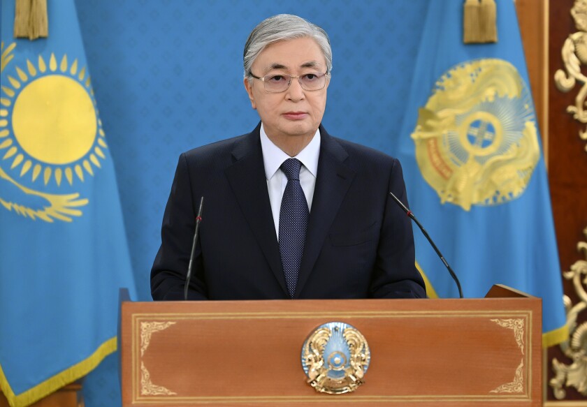 FILE - In this image taken from video released by Kazakhstan's Presidential Press Service, Kazakhstan's President Kassym-Jomart Tokayev speaks during his televised statement to the nation in Nur-Sultan, Kazakhstan, Jan. 7, 2022. Kazakhstan's leader has trumpeted ambitious economic reforms following the worst unrest in the country of 19 million in three decades. (Kazakhstan's Presidential Press Service via AP, File)
