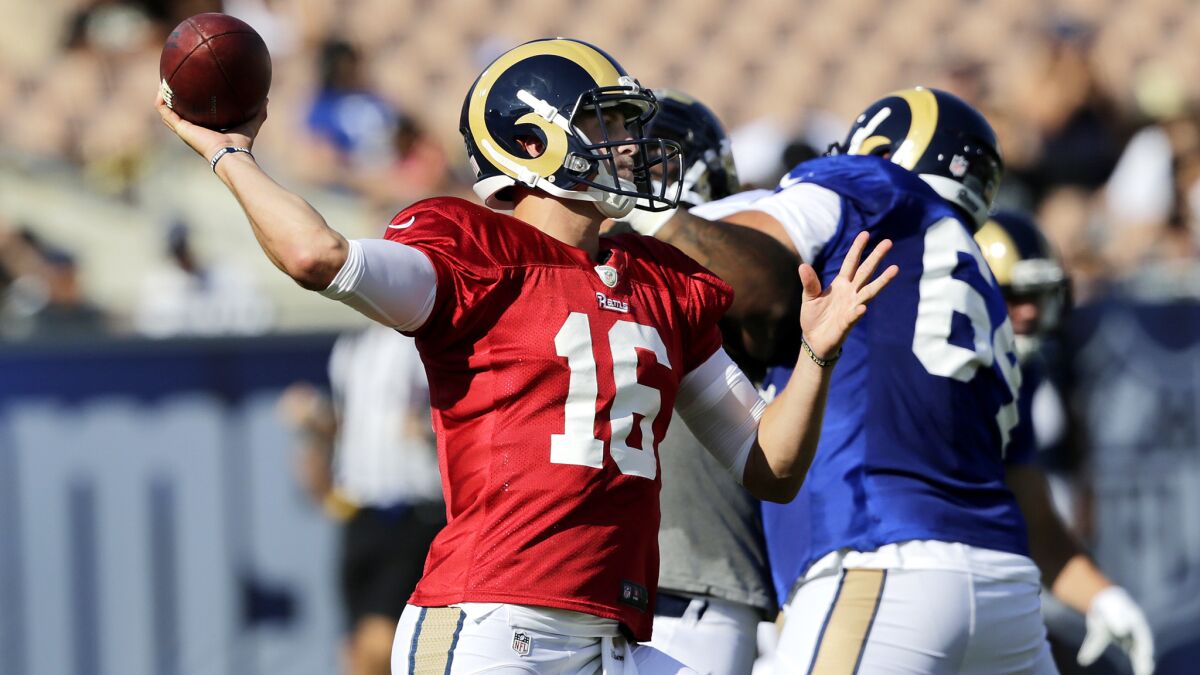 Rams quarterback Jared Goff takes aim at a receiver during a team scrimmage Saturday at the Coliseum.