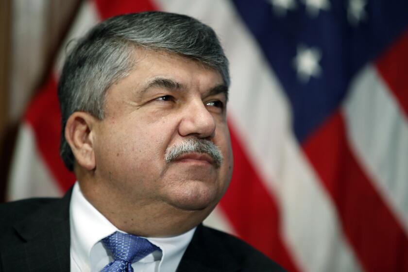 FILE - In this April 4, 2017 file photo, AFL-CIO president Richard Trumka listens at the National Press Club in Washington. (AP Photo/Alex Brandon)