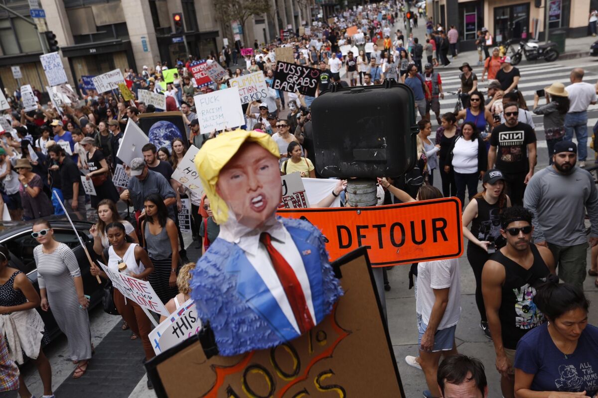 Anti-Trump protesters march through downtown Los Angeles in November 2016.