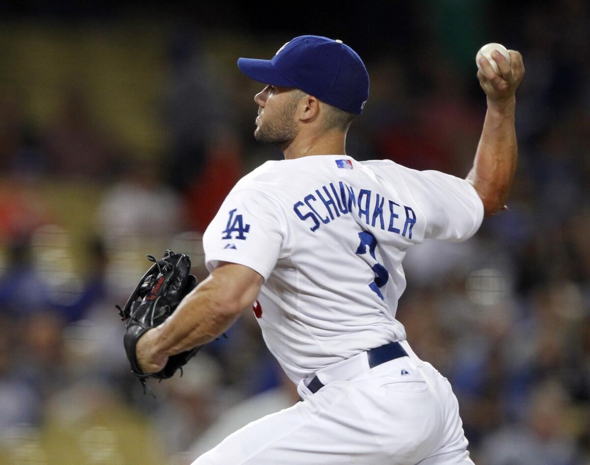 Dodgers utility player Skip Schumaker made an appearance on the mound in the ninth inning of the Dodgers' 16-1 loss to the Philadelphia Phillies on Friday.