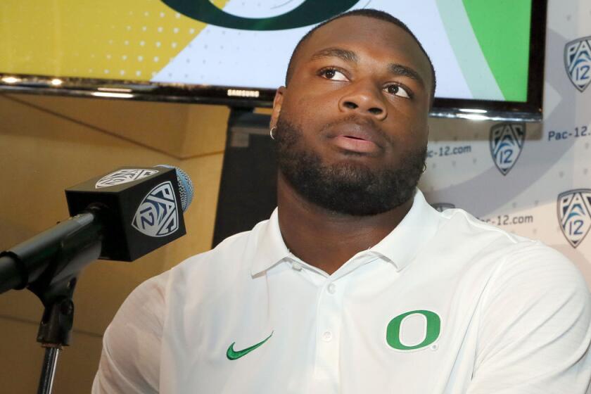 Oregon running back Royce Freeman speaks at the Pac-12 media day in Hollywood.