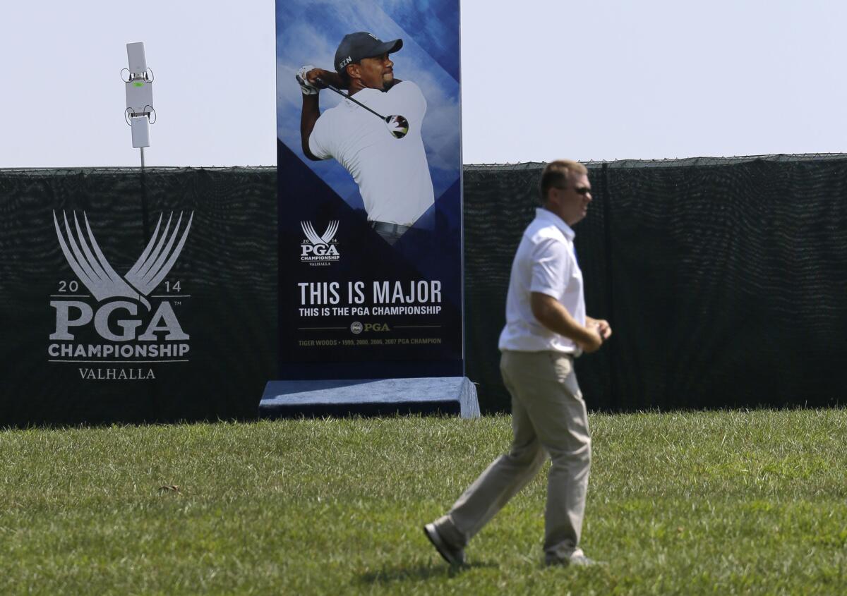 There are a lot of posters of Tiger Woods at the site of the PGA Championship at Valhalla Golf Club in Louisville, but no actual Tiger Woods yet.