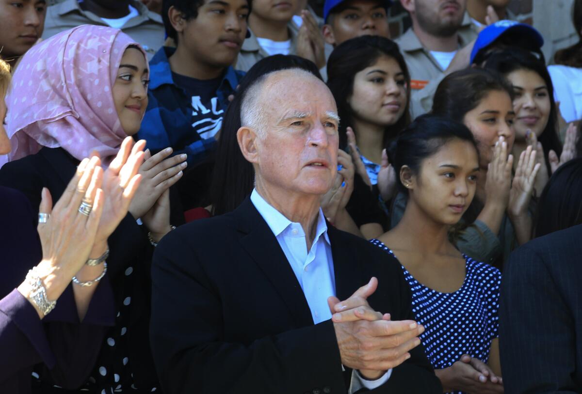 Gov. Jerry Brown, pictured at a school in Los Angeles on Tuesday, is holding a final campaign rally on Saturday in Colusa County.