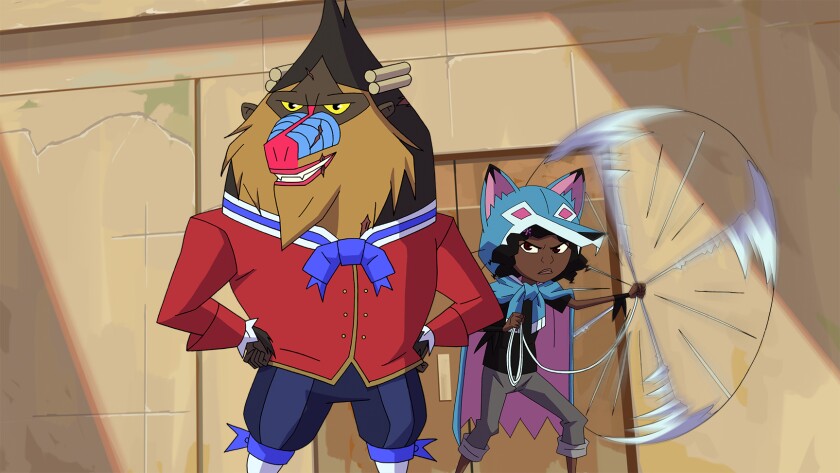 a mutant monkey and a girl in a wolf pelt